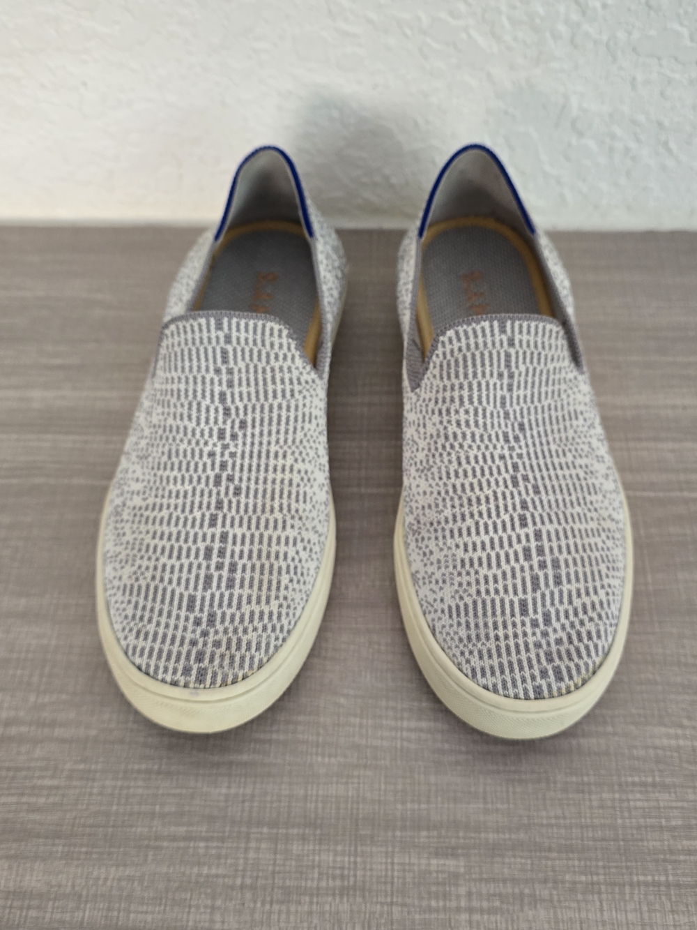 ​Rothy’s The Sneaker Women 6.5 Slip On Grey White Pattern Knit Shoes Comfortable